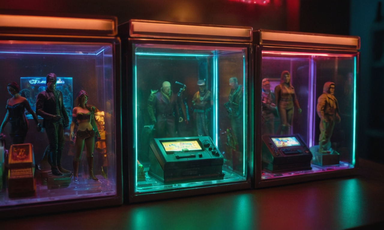 A dark, mysterious video game prototype locked in a glass case, surrounded by glowing collectible figures and vintage game cartridges. Flashing neon lights reflect in the glass, highlighting the exclusivity and allure of rare gaming prototypes.
