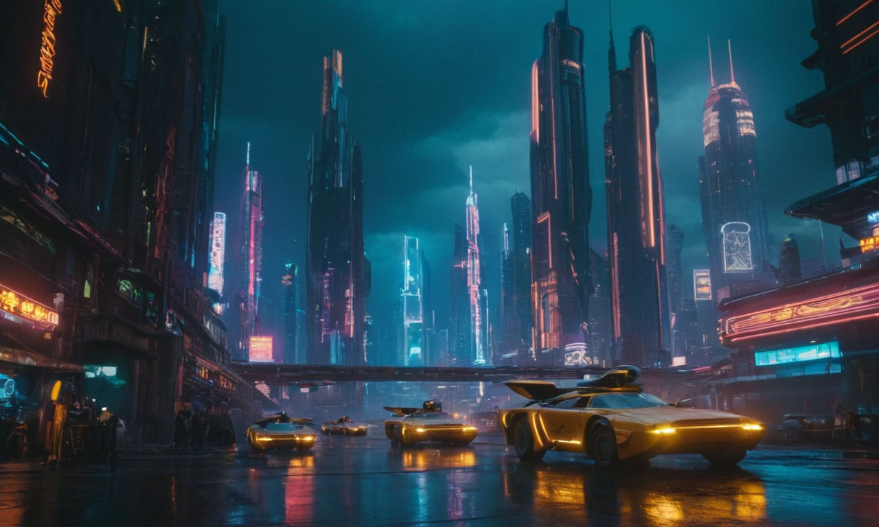 A futuristic cityscape with towering skyscrapers, transportation hovercrafts, and neon lights illuminating the bustling streets. The scene depicts a cyberpunk environment that captures the essence of a futuristic world where technology meets urban life.
