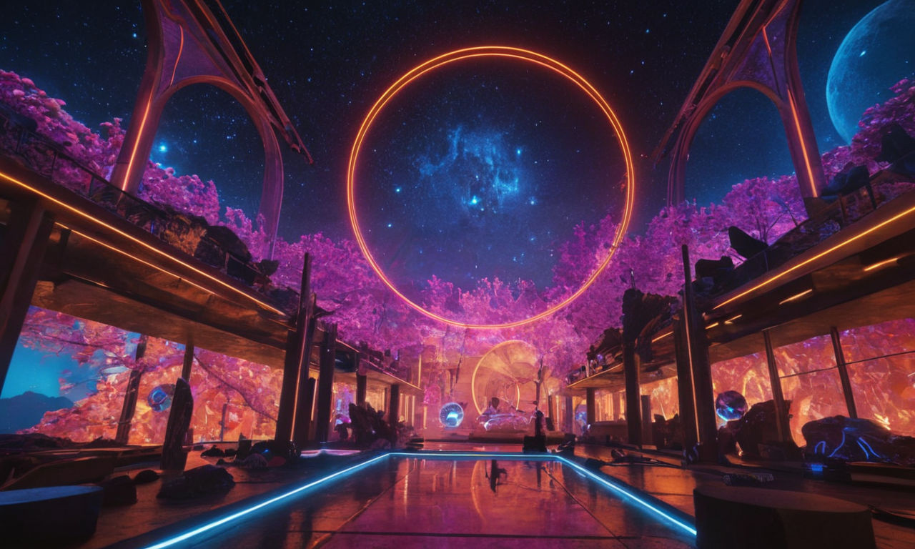 Image prompt: 
A futuristic virtual reality world with vibrant neon colors, floating geometric shapes, and digital landscapes. This image represents the concept of game modifications and the blending of virtual and real-world boundaries.
