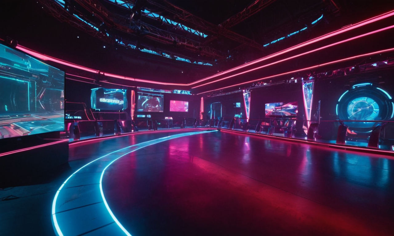 A futuristic virtual reality gaming competition arena with neon lights, digital displays, and intense gameplay action for the Pole Calibur championship event.
