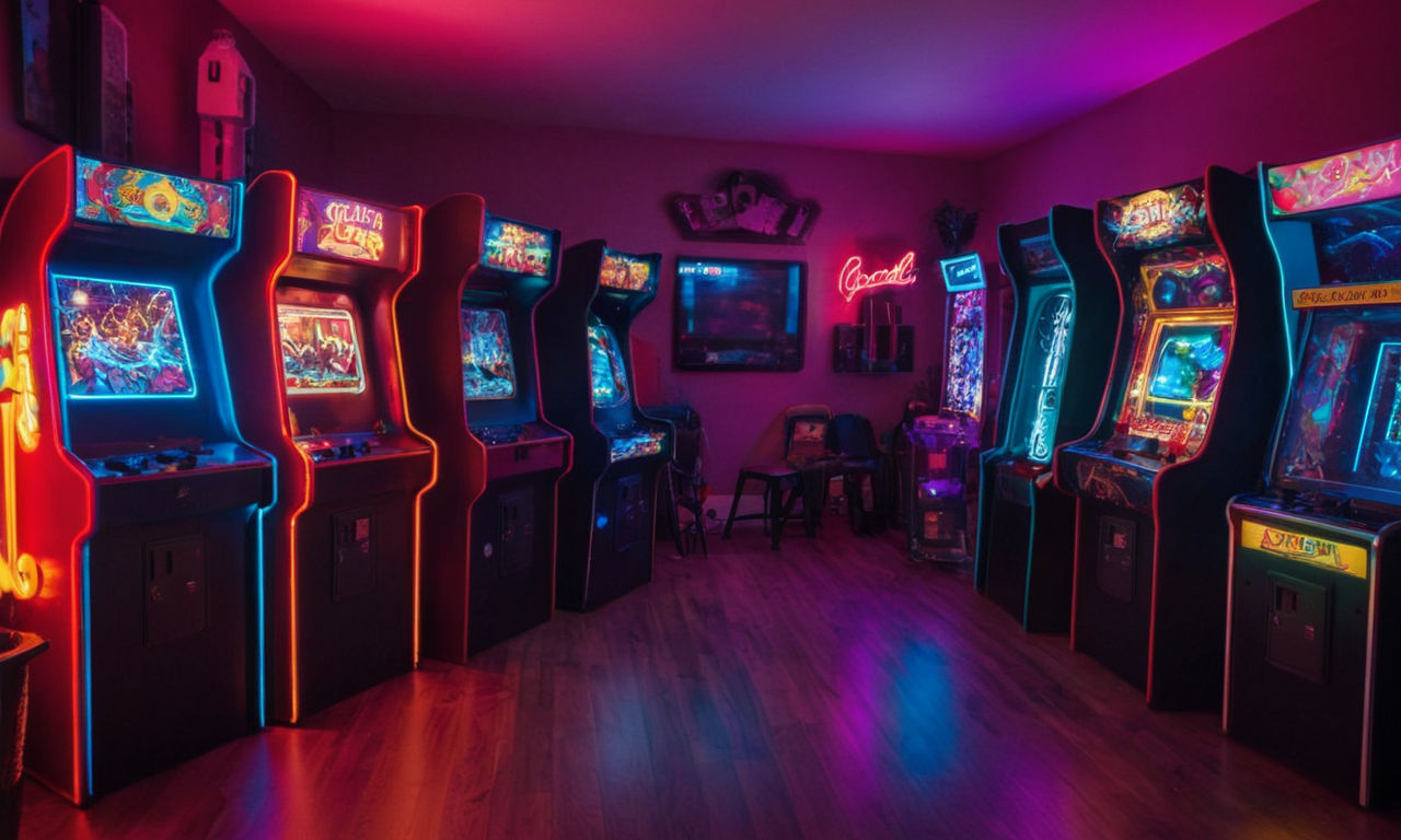 Vibrant arcade room with retro gaming consoles, colorful neon lights, and gaming paraphernalia, inviting a nostalgic and exciting atmosphere for gaming enthusiasts.
