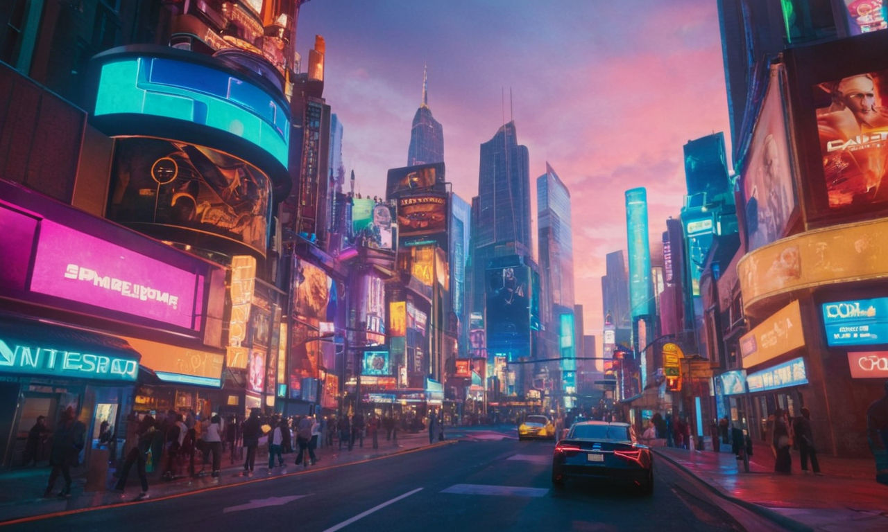 A vibrant and futuristic cityscape with neon lights and bustling streets, showcasing the intersection of pop culture and gaming influence. This image can represent the integration of celebrity voice actors in video games and the broader gaming culture discourse discussed in Mega Visions Show Episode 22.
