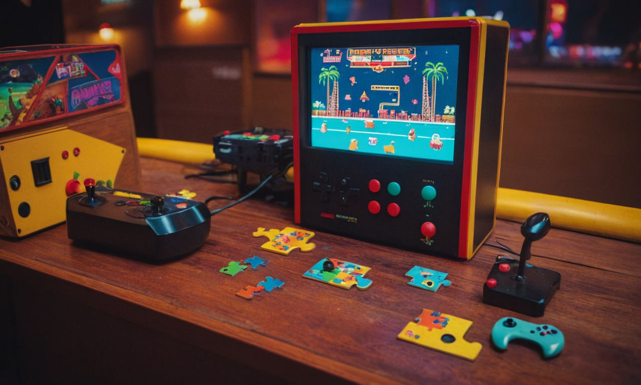 A vibrant and colorful retro-style arcade game environment filled with various types of challenging puzzles and stages. Classic game controllers, colorful puzzle pieces, and engaging multiplayer elements to evoke excitement and nostalgia for retro gaming enthusiasts.
