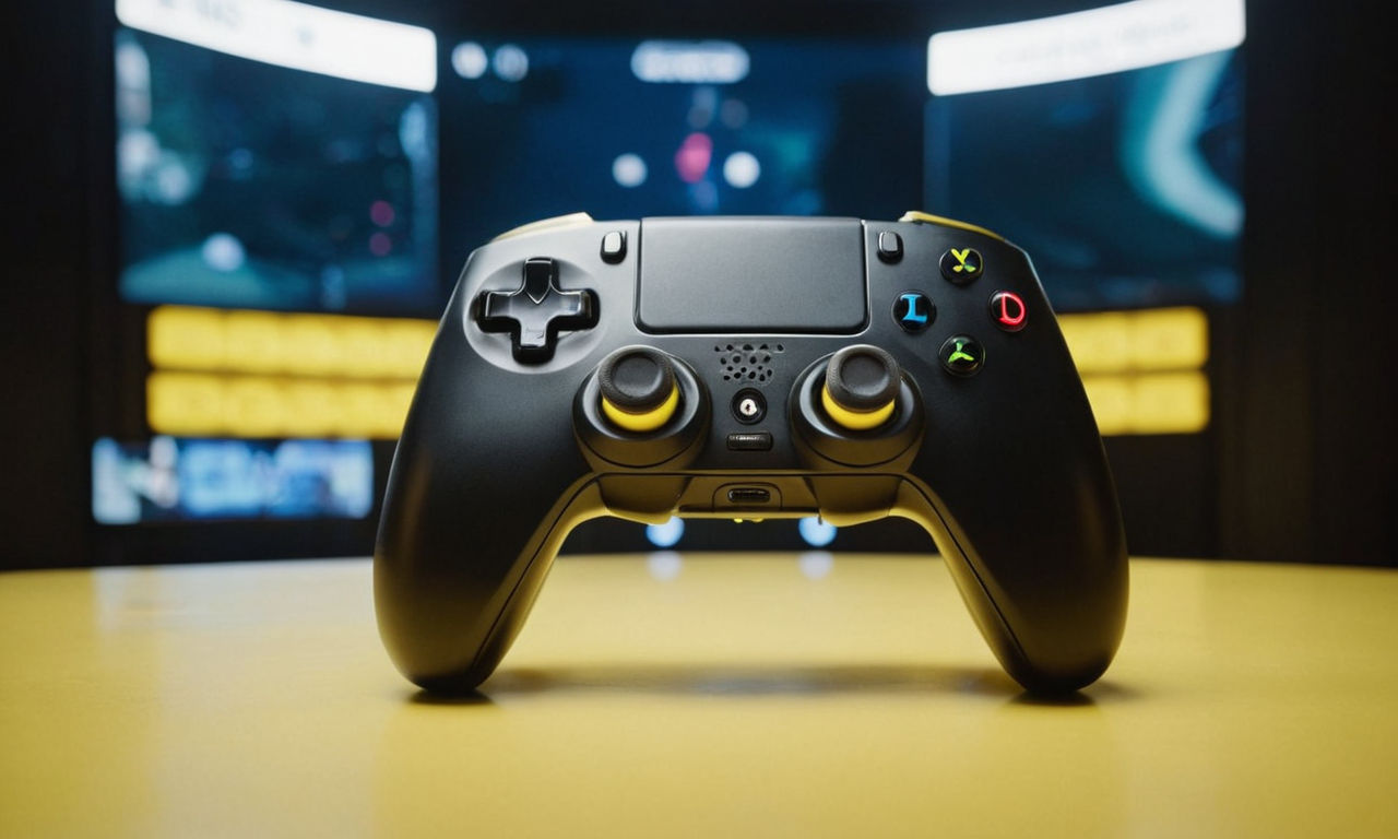 An image of a futuristic video game controller with enhanced features and adjustable controls, showcasing buttons, joysticks, and a sleek design for optimized gameplay. The controller is displayed against a backdrop of digital lights and graphics to symbolize enhanced control enhancements in a remastered game like Banana Blitz HD.
