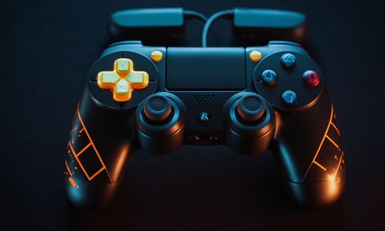 Vibrant and engaging video game controller with colorful buttons and analog sticks on a dark background, futuristic and immersive gaming vibes.
