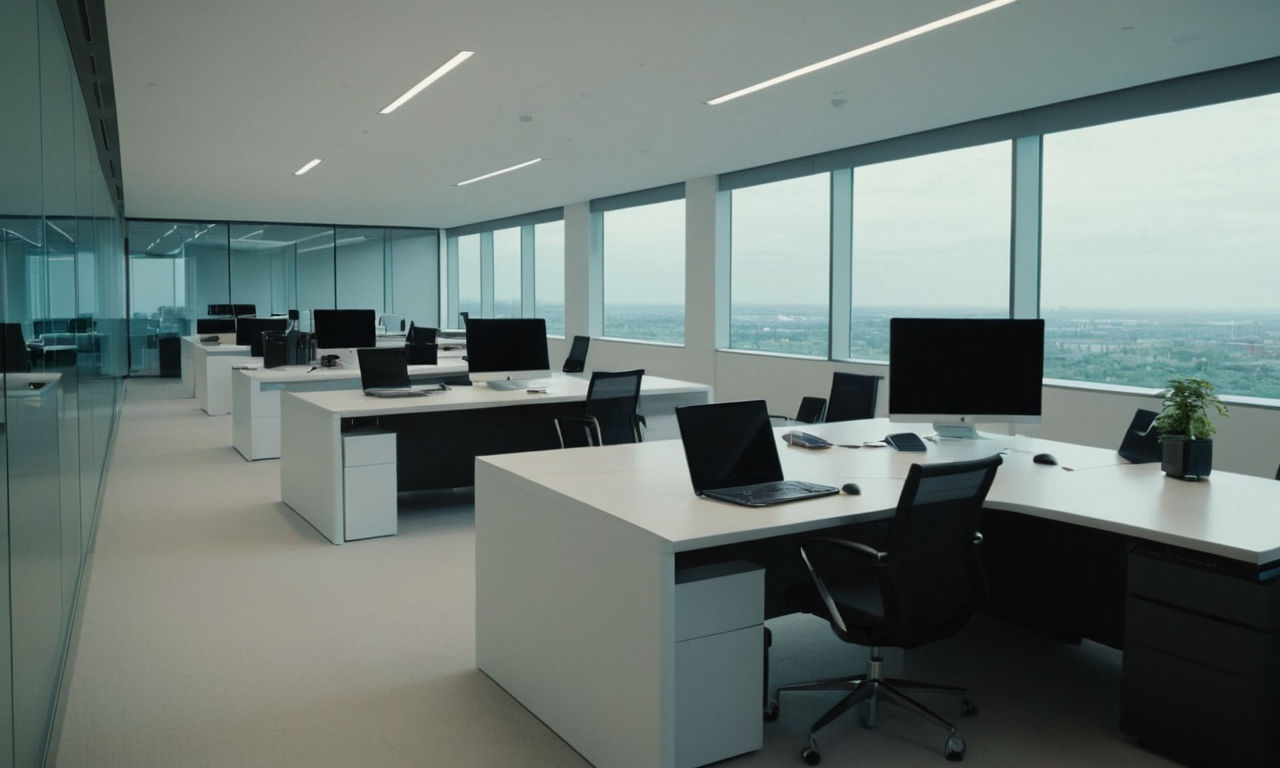A futuristic and sleek office space with modern computers, empty desks, and a sense of transition. The image conveys a sense of changing times and transition within a corporate environment.
