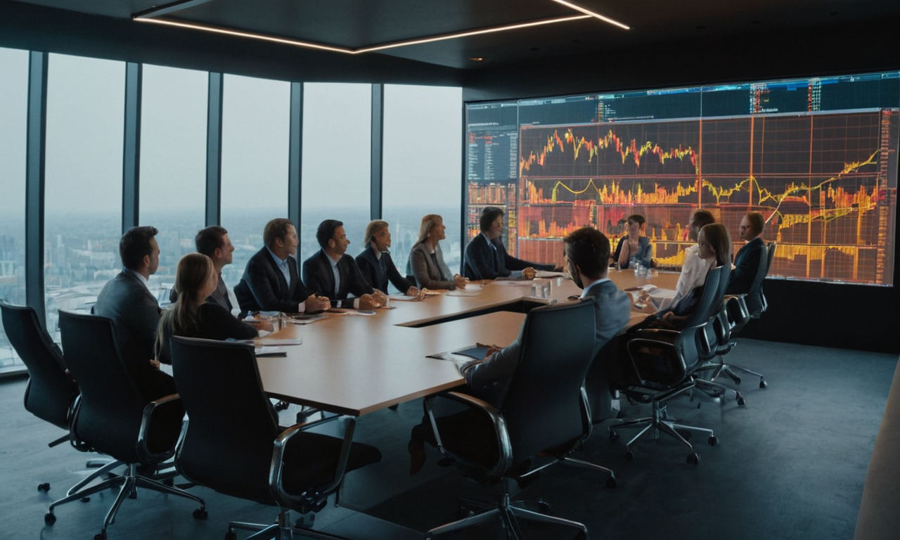 Image Prompt:
Visualize a modern office meeting room with a large conference table, ergonomic chairs, a digital screen showing stock market graphs, and a diverse group of professionals engrossed in discussion. Display subtle hints of a gaming industry theme to symbolize the strategic shift at Sega.
