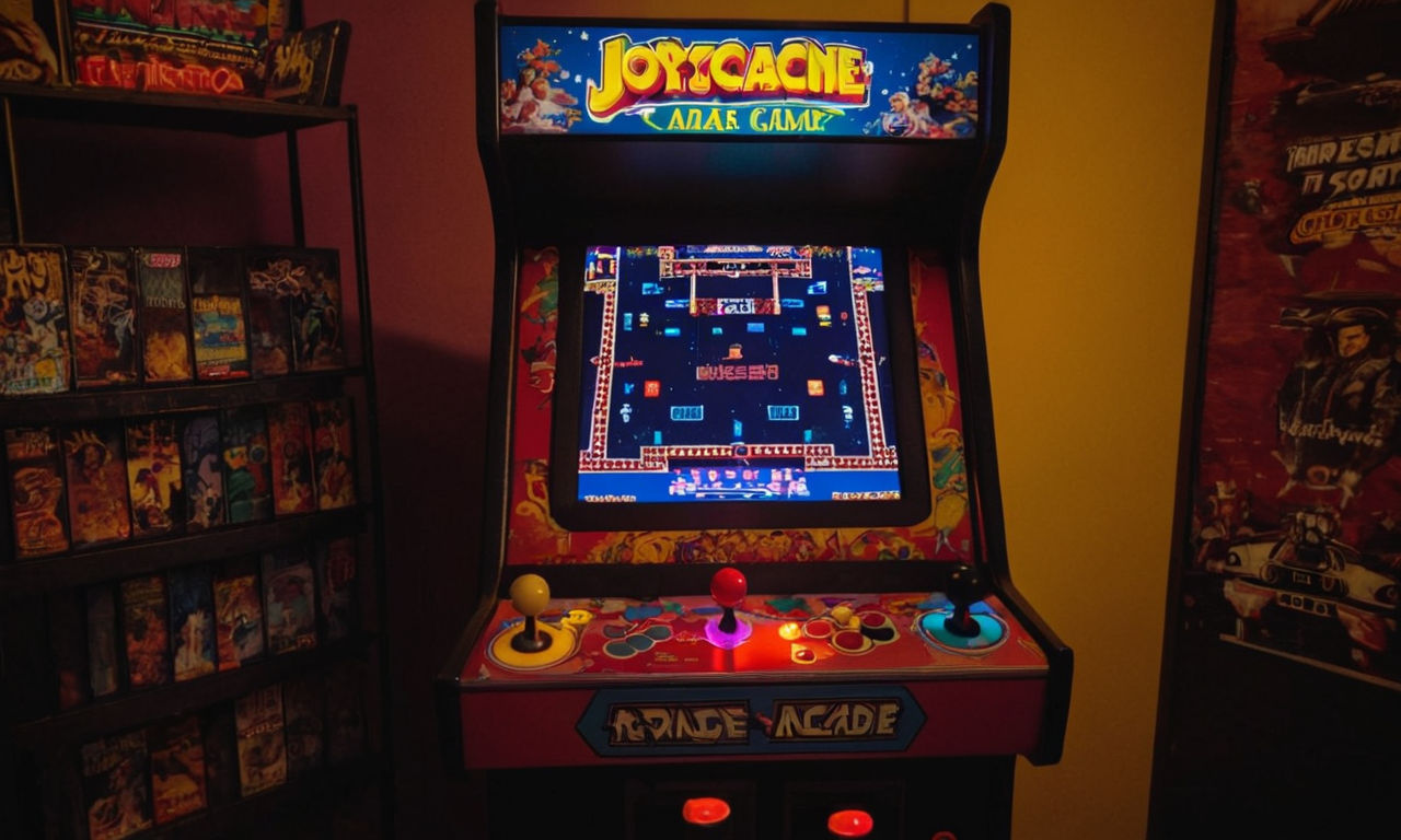 A retro arcade cabinet with various classic game titles displayed on the screen, joystick and buttons visible, colorful and nostalgic ambiance.
