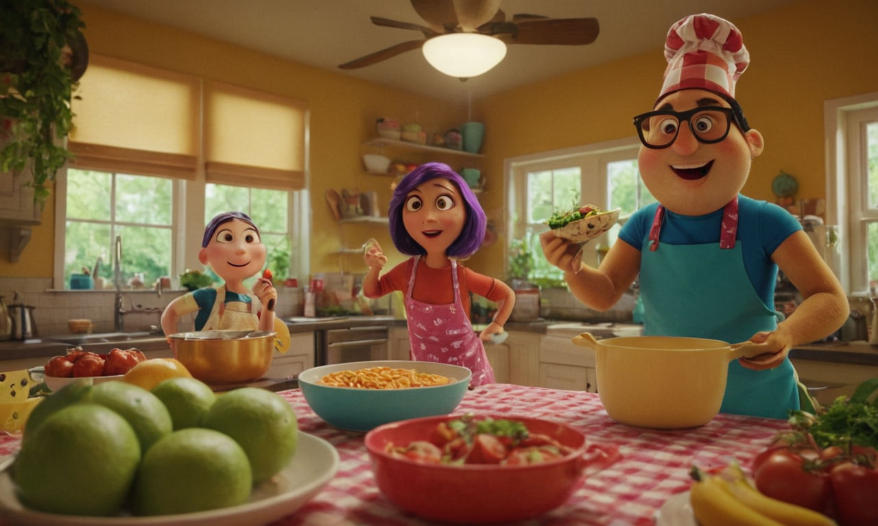A whimsical kitchen scene featuring animated food characters interacting in a colorful, vibrant environment. Show a variety of food items with playful facial expressions, engaging in fun activities like cooking, eating, and playing games. The setting should convey a sense of friendship and adventure with lively animations and a cheerful atmosphere.
