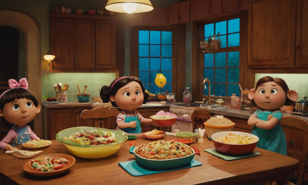 A whimsical kitchen scene with animated food characters engaging in educational activities, cooking challenges, and quiz games. The colorful setting showcases a balance of fun and learning, with playful elements like food puzzles, cooking utensils, and interactive recipe books. The image conveys a sense of family-friendly entertainment, inviting players of all ages to explore the delightful world of Cranky Food Friends.
