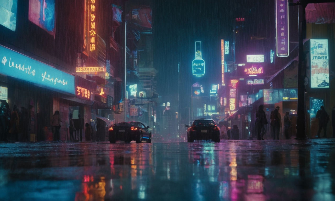 A futuristic city skyline at night with neon lights reflecting on a rain-soaked street, showcasing a blend of technology and urban landscapes.
