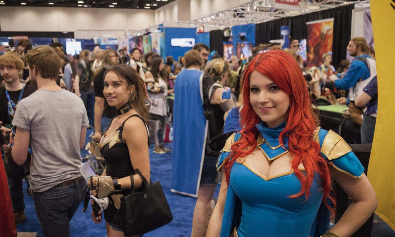 A vibrant and engaging scene at a gaming convention: booths showcasing interactive games, colorful banners, excited crowds, and cosplayers dressed as popular game characters. The atmosphere is filled with energy, creativity, and a sense of community among fans and gamers.
