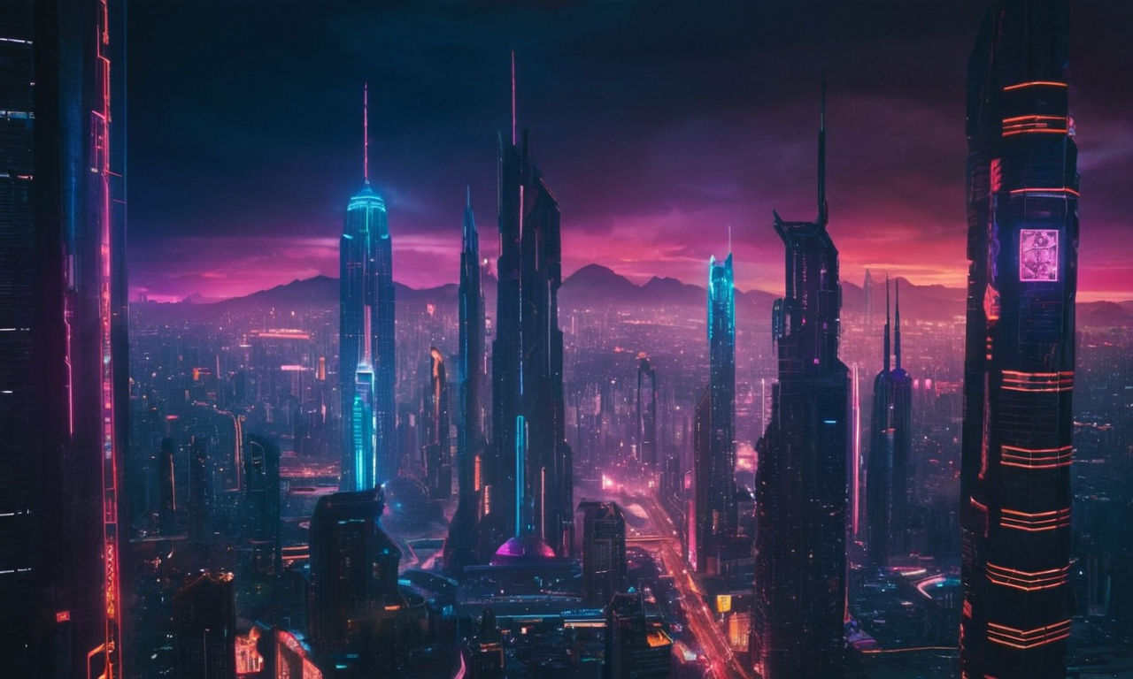 Futuristic sci-fi cityscape with neon lights, towering skyscrapers, and advanced technology reflecting a cyberpunk aesthetic.
