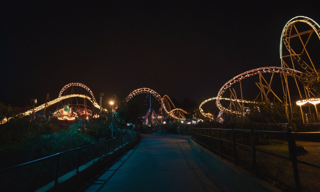 A dark and eerie amusement park at night, with twisted roller coasters, spooky themed attractions, and ominous glowing lights casting shadows - setting the scene for a dystopian gaming narrative.
