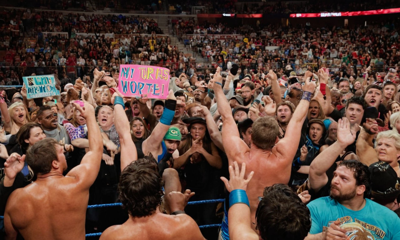 A vibrant and energetic image of a wrestling event crowd holding up colorful and creative signs, adding to the excitement and atmosphere of the match. The signs display a variety of messages, illustrations, and symbols, showcasing the interaction between fans and wrestlers in a dynamic and engaging way. The scene captures the sense of camaraderie and community among attendees as they participate in the sign wars, contributing to the lively and interactive experience of the wrestling event.
