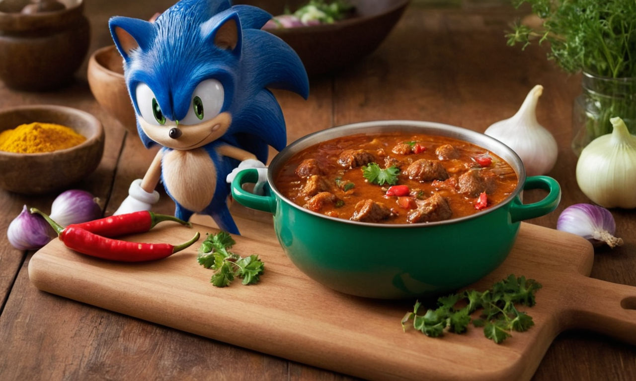 An image prompt for the content about Sonic the Hedgehog curry could be a vibrant and playful kitchen scene with colorful ingredients like chili peppers, curry powder, garlic, and onions neatly arranged on a wooden cutting board. Include a steaming pot with curry simmering on the stove, a whimsical bowl with Sonic-themed design, and a hint of green garnish for a pop of freshness.
