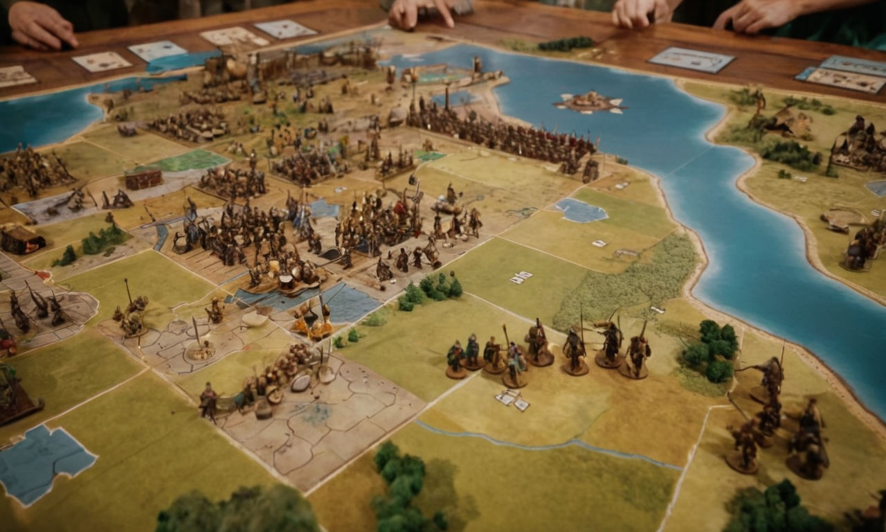 An ancient Viking battlefield with detailed maps, war strategies, and historical artifacts strewn across the scene. The image showcases the complexity of historical accuracy in strategic board games, highlighting the blend of authenticity and gameplay elements. The background features contrasting elements of traditional and modern strategy board games, with a focus on unique selling points and player engagement. Player immersion and involvement are depicted through a dynamic representation of community interactions and strategic decision-making processes.
