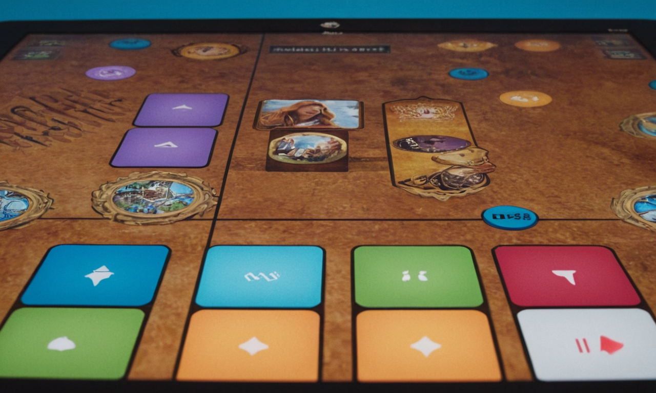 Image prompt: 
A vibrant and engaging digital board game interface on a computer screen, showcasing various colorful game boards and pieces. The screen displays a community chat section with avatars of players from around the world interacting and enjoying a game together.
