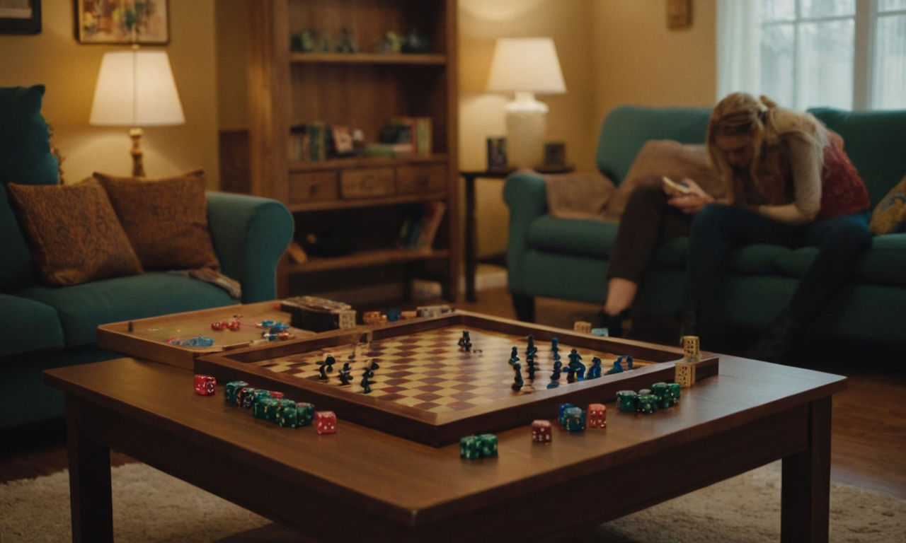 A cozy and inviting game room interior with shelves filled with various board games, a wooden gaming table set up with colorful game pieces, dice, cards, and a group of friends playing together in the background.
