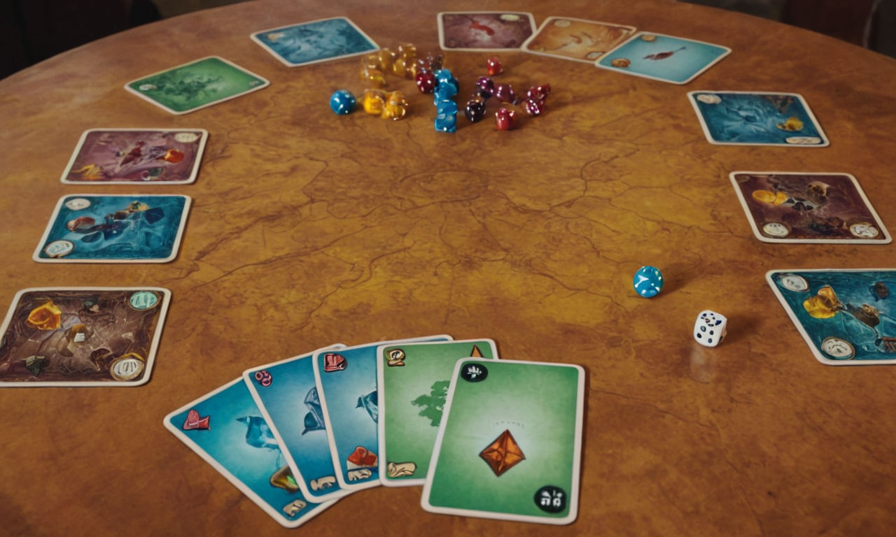 A scene depicting a vibrant board game setup with various components like cards, tokens, and dice spread out on a table. The image should showcase a mix of colors and textures to represent the engaging and strategic gameplay experience of the Near and Far Amber Mines expansion pack. Include elements that hint at adventure and exploration to capture the essence of the new features and content introduced in the expansion.
