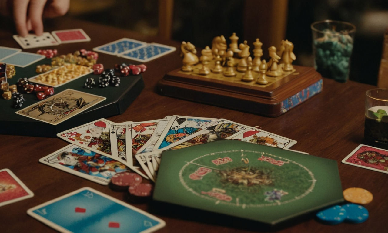 A table set with various cooperative board games, including card decks, game pieces, and rule books, creating a vibrant and engaging set-up for a game night.
