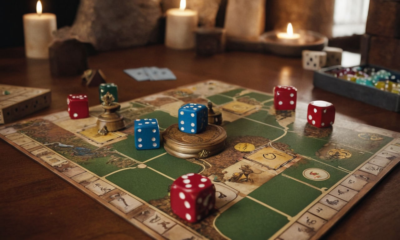 Strategic board game concept art: A visually appealing depiction of various board game elements such as dice, cards, game pieces, and a game board with strategic positioning. The image should convey a sense of strategy, planning, and decision-making, suitable for an article about the importance of turn order in board games.
