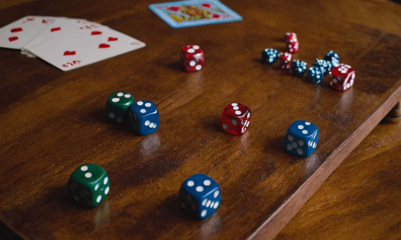 Board game pieces on a wooden table with dice and cards strategically arranged, creating an engaging and competitive gameplay setting.
