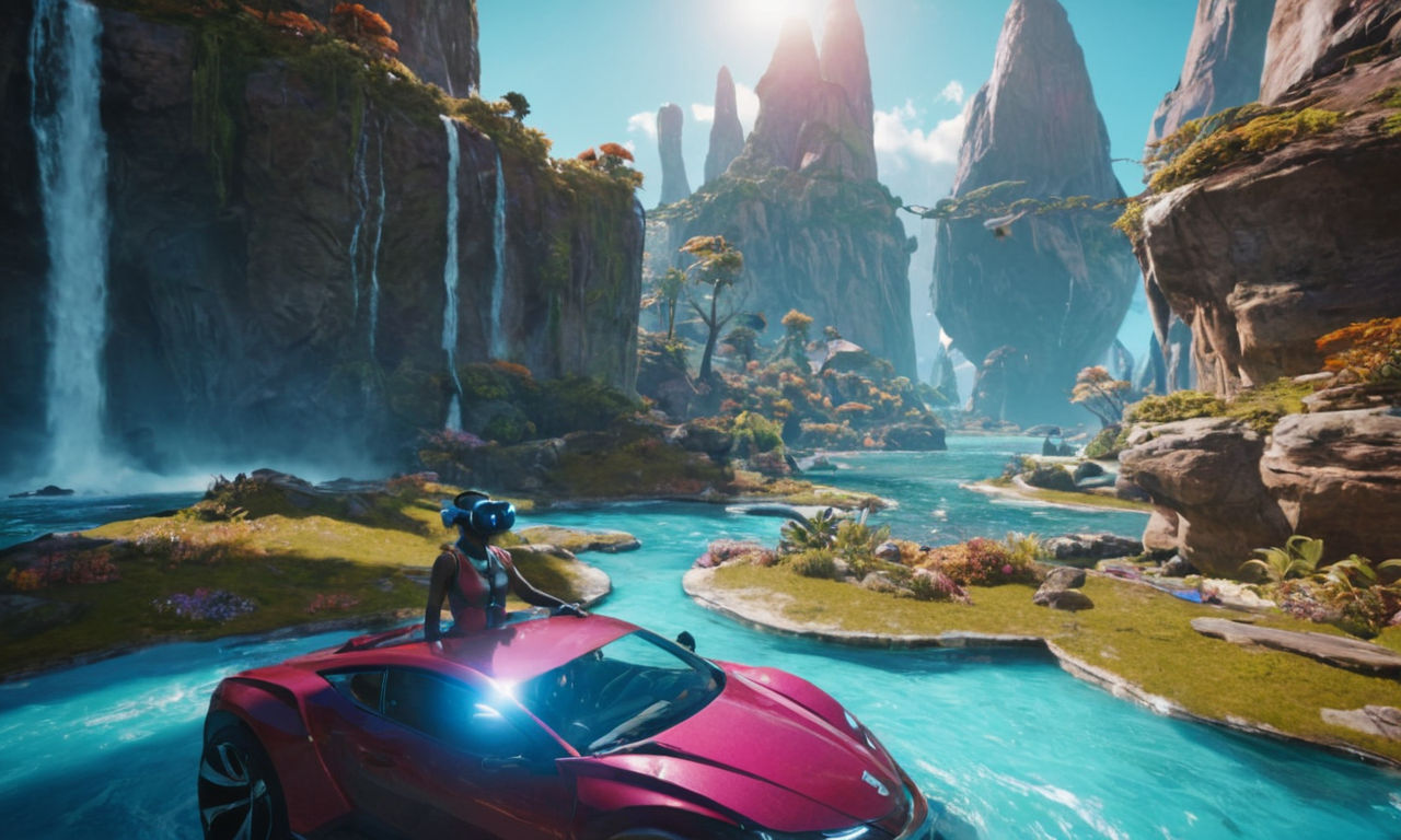 A futuristic virtual reality gaming world featuring unique character designs and imaginative landscapes, vibrant colors, and interactive elements.
