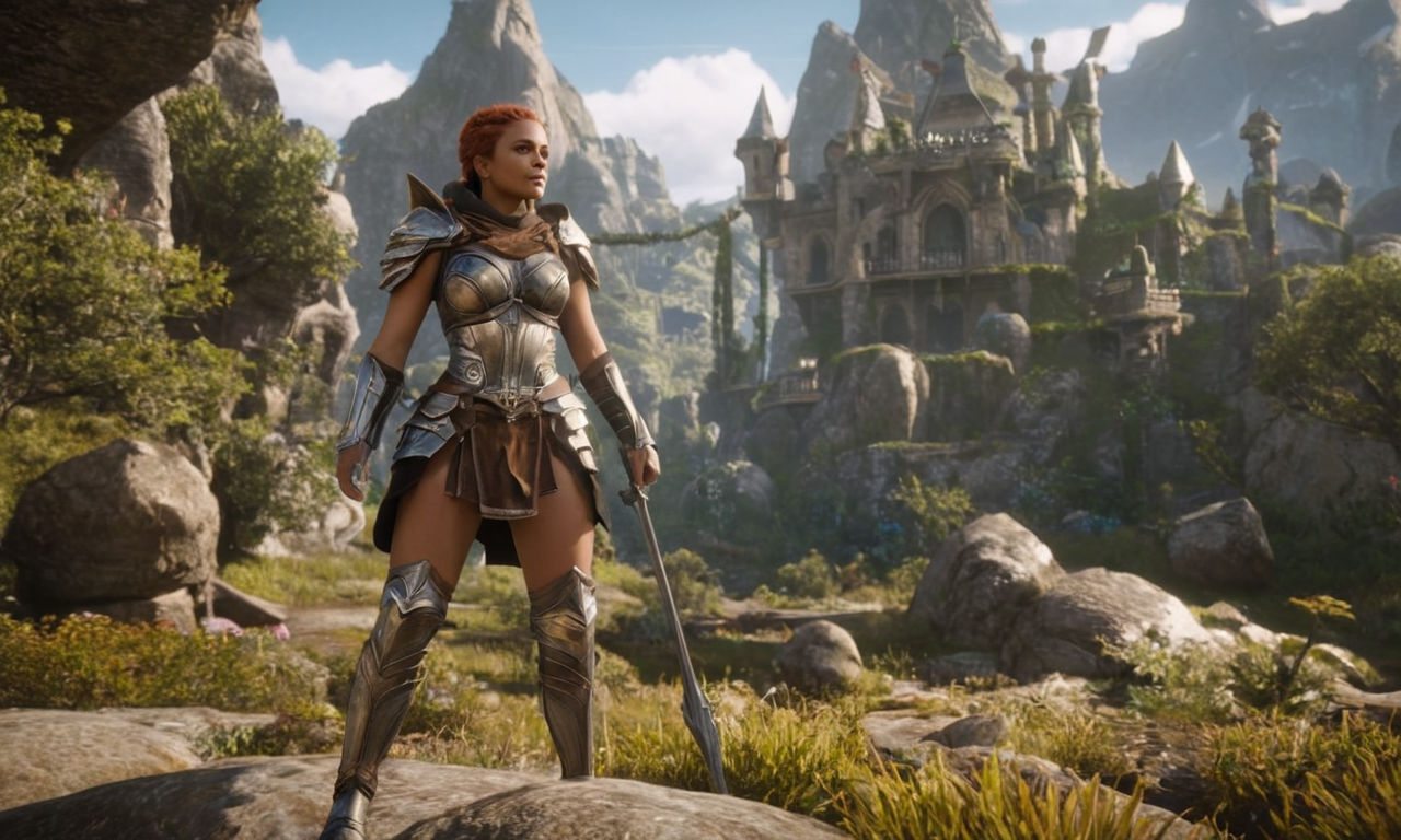 An image of dynamic and detailed fantasy characters in a video game setting, showcasing a variety of unique designs and styles. The characters should have intricate armor, weapons, and magical elements to emphasize the influence of character designer Melissa Douglas in the gaming industry. The background should be a fantastical landscape to enhance the storytelling aspect and aesthetic appeal of the game world.
