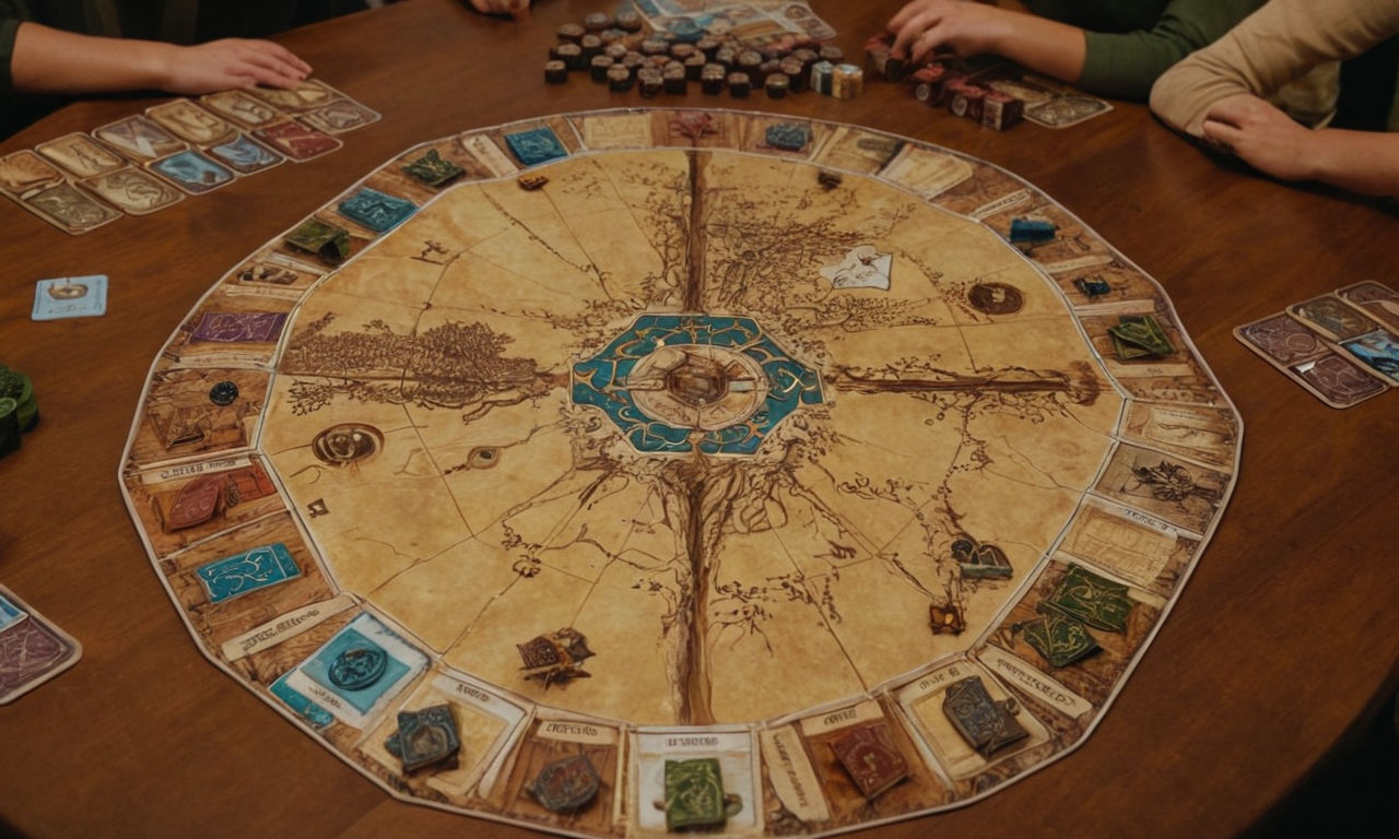A detailed image prompt for the content provided:

A fantasy-themed game board with intricate designs, ancient runes, and interactive elements that symbolize players' influence on the evolving history of the game. Show diverse player pieces moving across the board, interacting with narrative elements, and shaping the course of the game's storyline based on strategic decisions. Incorporate visual cues of narrative integration such as story cards, thematic illustrations, and dynamic gameplay mechanisms that immerse players in the world of Oath: Chronicles of Empire and Exile. Highlight the blend of strategic gameplay with rich storytelling elements that make Oath a standout in the genre of empire-building board games.
