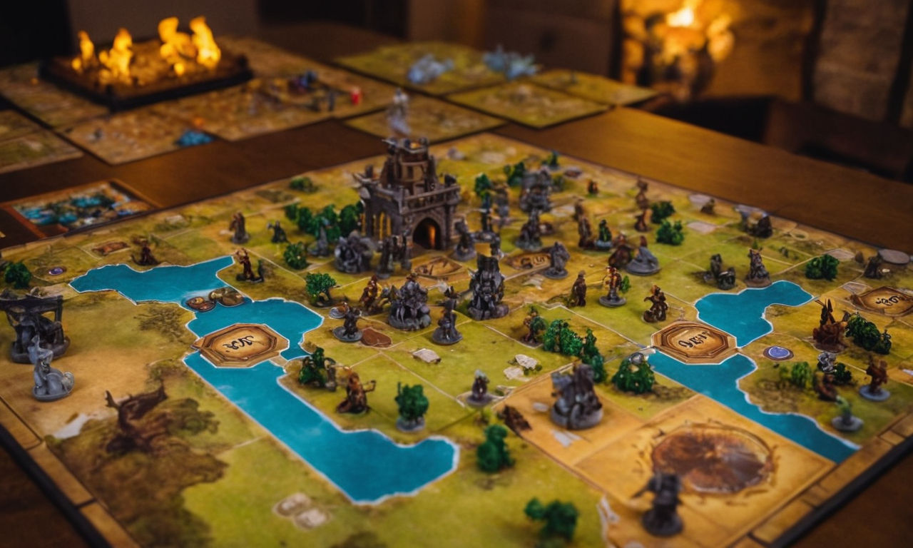 A mystical fantasy world depicted in a vibrant board game setting with intricate details of kingdoms, alliances, and evolving histories. Richly detailed game pieces, maps, and diverse gameplay mechanics bringing a fresh and immersive experience for board game enthusiasts.

