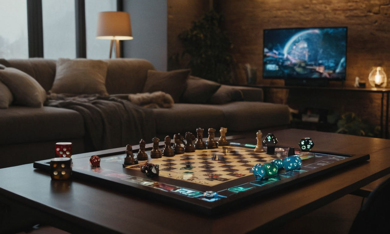 A futuristic tabletop gaming setup with a blend of traditional and digital elements, showcasing a mix of board game pieces, dice, cards, and digital screens. The image should convey the integration of technology and strategic planning in tabletop gaming, highlighting the combination of traditional face-to-face interaction with modern gaming enhancements.
