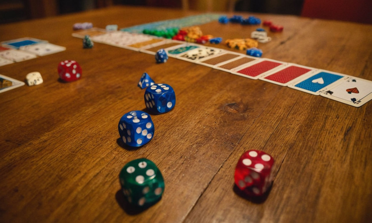 A vibrant, colorful board game set with dice, cards, and tokens scattered on a wooden table, inviting players to engage in strategic gameplay. The image captures the essence of social interaction, problem-solving, and fun learning experiences associated with tabletop gaming.
