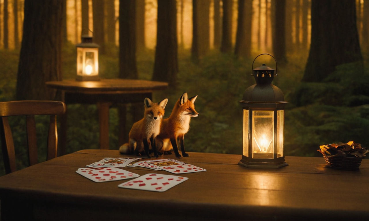 A whimsical forest setting with two silhouetted foxes, intricately designed playing cards scattered across a wooden table, soft glow of lantern light illuminating the scene, creating a cozy and immersive atmosphere ideal for a co-operative card game review.
