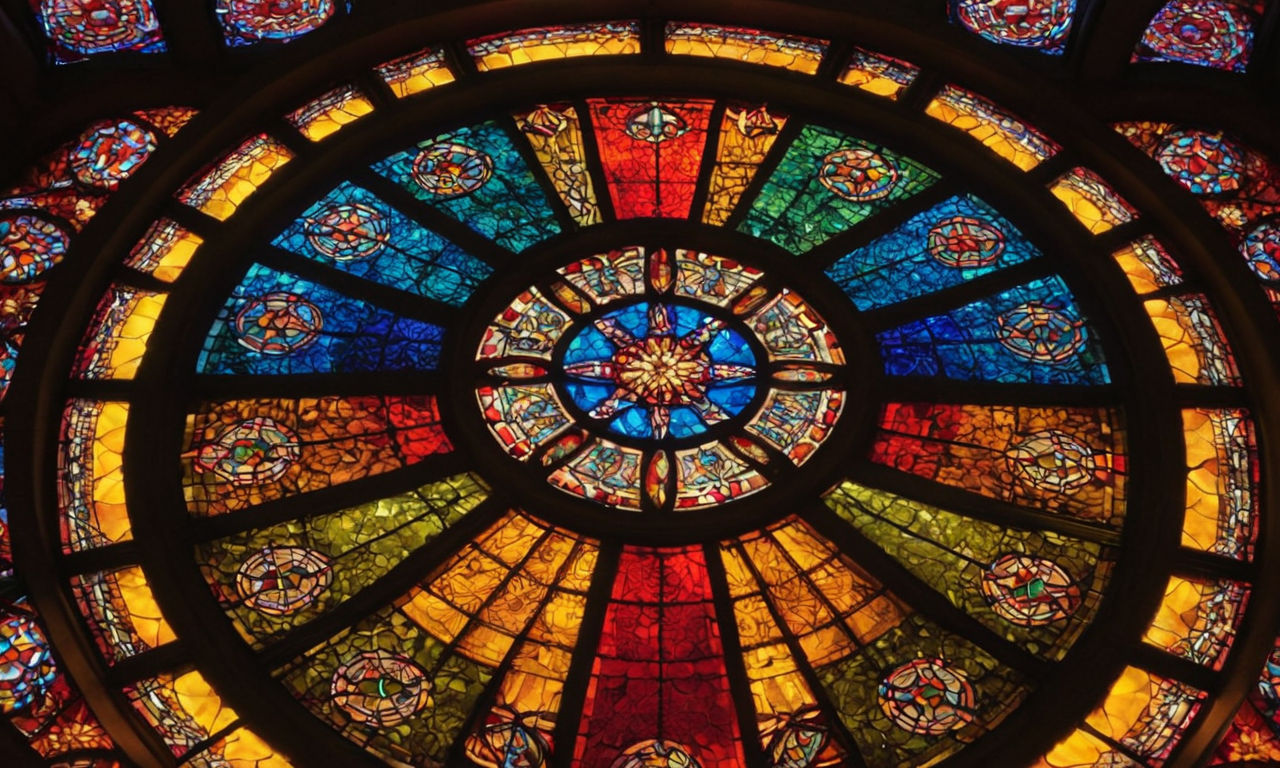 A vibrant and colorful stained glass window featuring intricate geometric designs and a variety of vibrant hues, capturing the aesthetic appeal and artistic essence of stained glass art. The image should evoke a sense of creativity and craftsmanship, perfect for enthusiasts of artistic board games like Sagrada.
