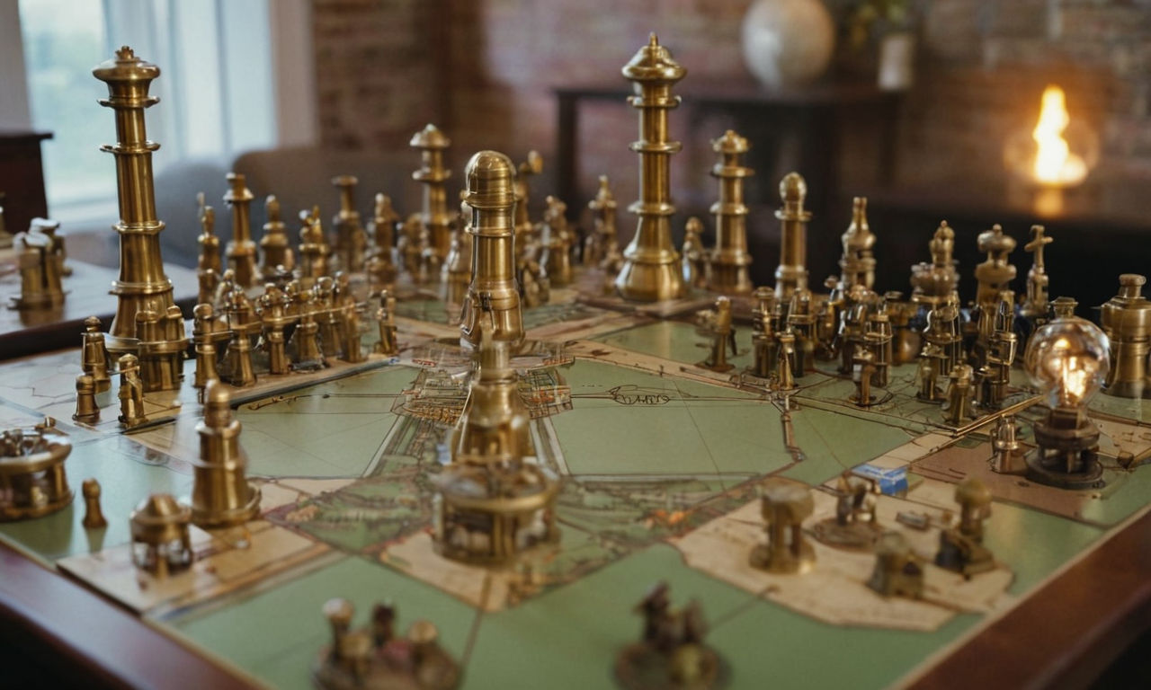 A detailed image prompt for your content on Brass Birmingham Deluxe:

An intricate and detailed board game setup showcasing the strategic gameplay of Brass Birmingham Deluxe. Highlight elements like network building mechanisms, resource management, and strategic decision-making. Include a mix of industrial-themed components to convey the essence of the industrial revolution setting. The image should capture the depth and complexity of the game, inviting players to immerse themselves in a world of economic challenges and clever tactics.
