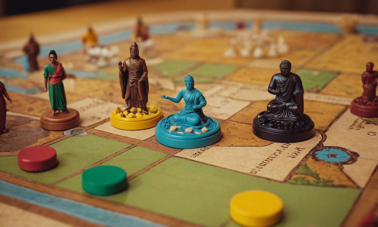 A diverse collection of board game pieces representing different cultures and backgrounds, creating an inclusive and welcoming gaming environment.
