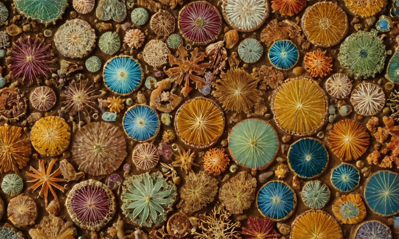 A colorful and intricate mosaic puzzle featuring diatoms in a microscopic world setting, showcasing detailed patterns and designs unique to these tiny organisms. The image should convey a sense of scientific curiosity and educational exploration, with a blend of art and science evident in the puzzle's intricate details.
