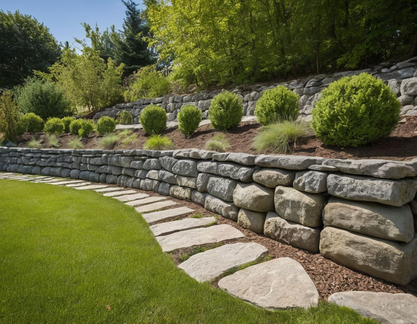 Create an image of a well-constructed armour stone retaining wall in a residential garden setting. The wall is robust and neatly stacked with large, natural grey stones. Behind the wall, there are lush green plants and a few small trees, adding a vibrant touch of greenery. The foreground shows a well-maintained lawn with a clear view of the stones’ rough textures and irregular shapes. The scene is set during the day with clear blue skies and the sun casting soft shadows on the stones, highlighting the rugged texture and natural tones of the armour stones.