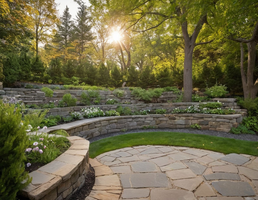 Visualize a scenic backyard landscape featuring an impressive armour stone retaining wall along the property