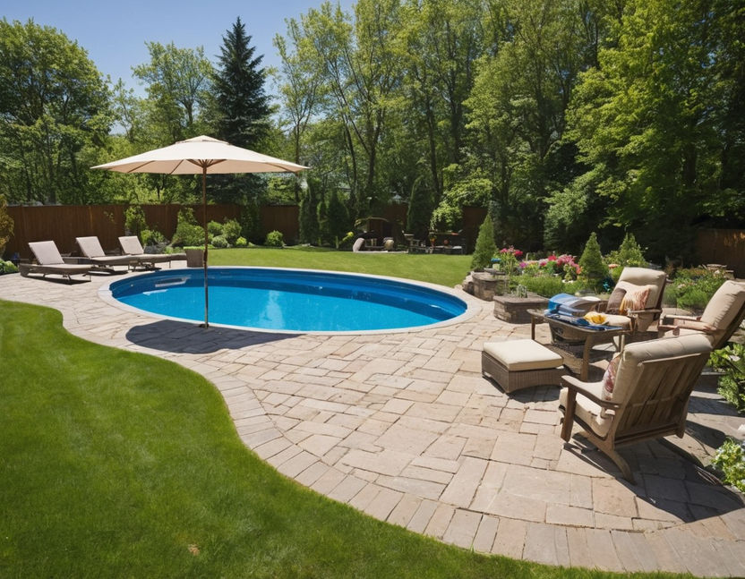 "Create an image of a vibrant backyard scene during a swimming pool installation in a Canadian suburban setting on a warm summer day. The pool, an inviting oval shape, is in the mid-stages of installation, with a clear blue liner already in place and water beginning to fill. Workers in light summer clothing are actively working around the pool, setting up a solar heating system and arranging stylish outdoor furniture, including sun loungers and umbrellas, on the surrounding patio. The yard is lush with green grass and flowering garden beds, with a barbecue setup nearby and children’s toys scattered around. The scene is lively and sunny, with a backdrop of a clear blue sky and a few fluffy clouds."