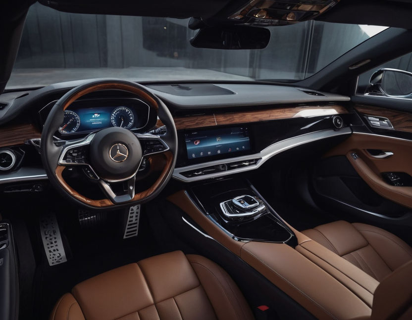 driver side of brown leather car interior. 