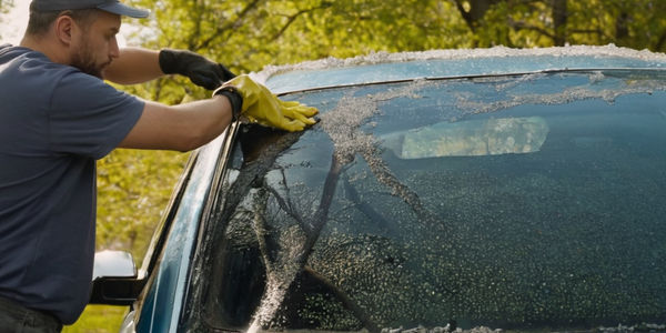 detailer removing tree sap from roof of car