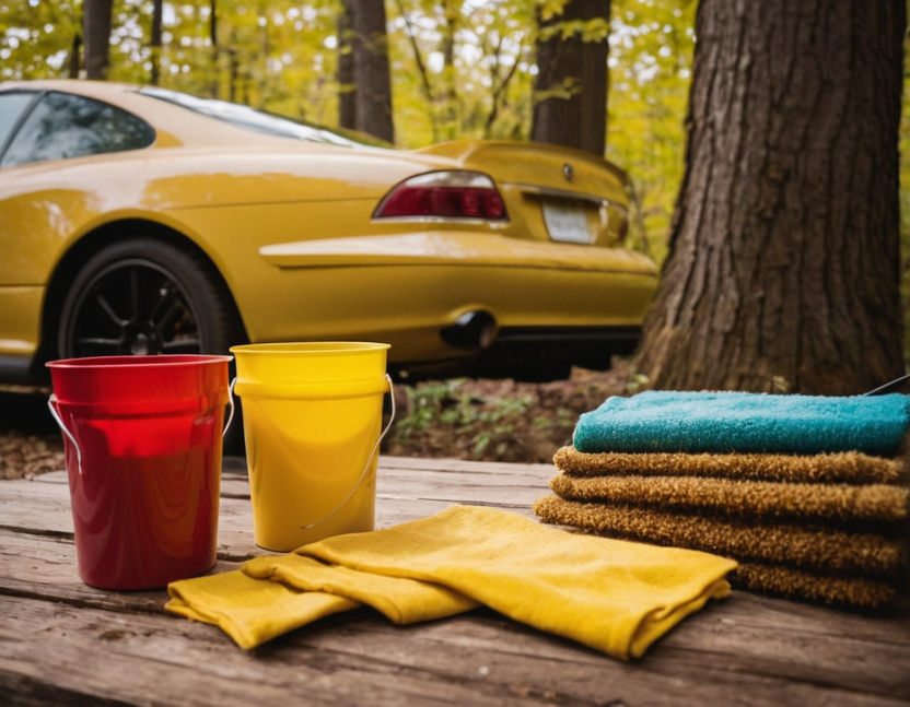 yellow car in forest with car detailing supplies
