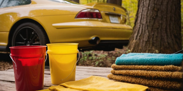 yellow car in forest with car detailing supplies 