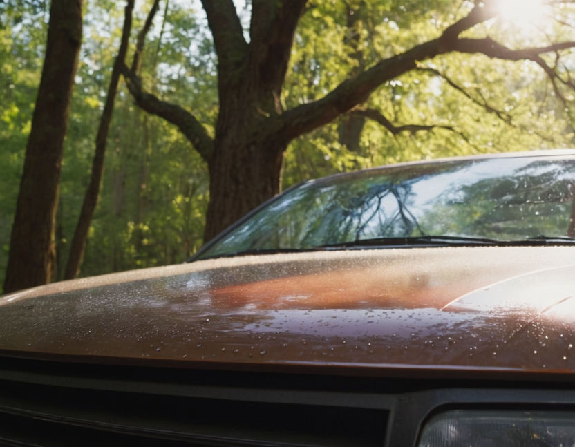 tree sap on hood of red car 