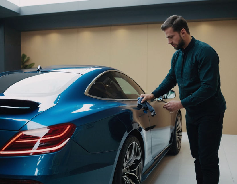 detailer wiping down a blue car