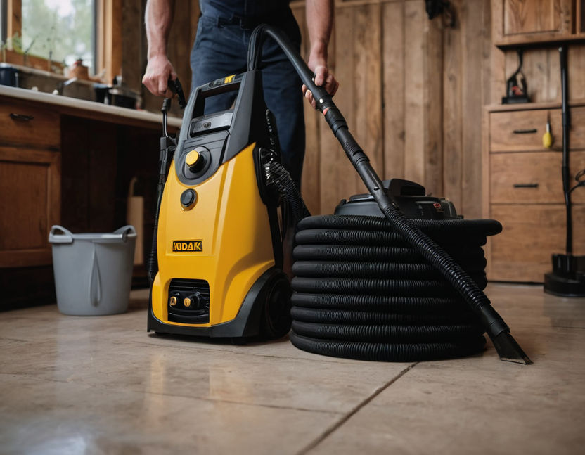 yellow pressure washer held by detailer in garage