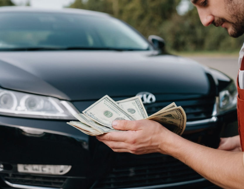 person holding cash in front of car