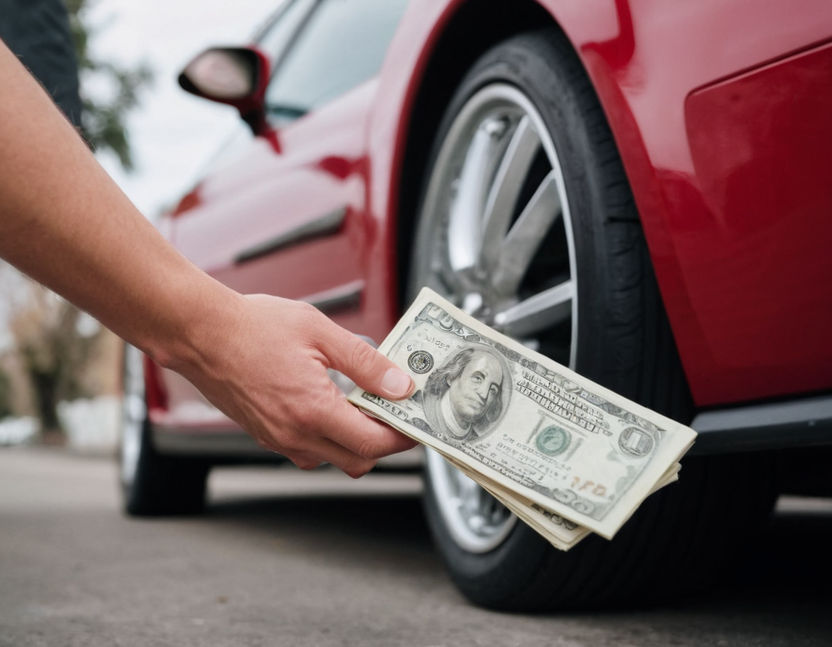 person fanning cash in front of car wheel